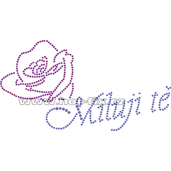 VAL005 - nažehlovací kamínkový potisk Miluji tě, rozměry cca 19,4x10,4cm barva: polobroušené kameny barva 101 Crystal /stříbrná a 103 Siam /červená