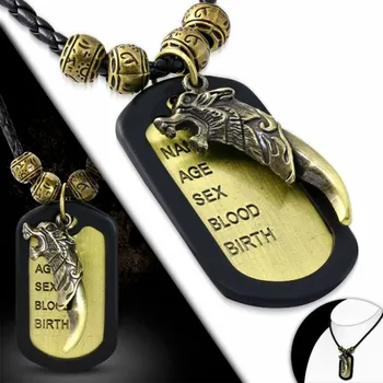 Náhrdelník 316Steel Pánský kožený náhrdelník vojenská známka a Medvědí tesák + možnost gravírování