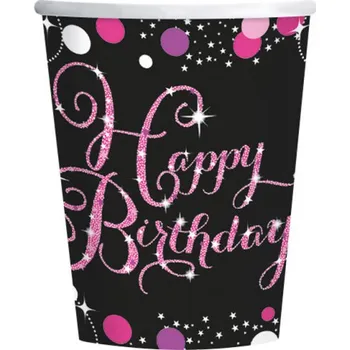 Party nádobí HAPPY BIRTHDAY kelímky černo-růžové 8 ks, 266 ml