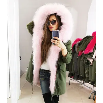 Dámský kabát Fashionweek Zimní exkluzivní bundička/ parka s kožíškem s kapuci svetlo ružová růžová kožešina FA6205 Velikost: XL