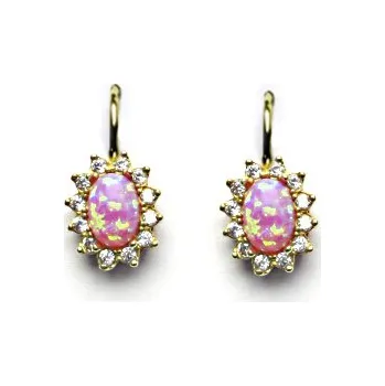 Náušnice Zlaté náušnice Kate, růžový syntetický opál, čiré zirkony, žluté i bílé zlato, NK 1480
