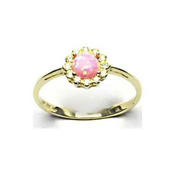 Prsten Zlatý prsten, žluté zlato, růžový syntetický opál, čiré zirkony, T 1495