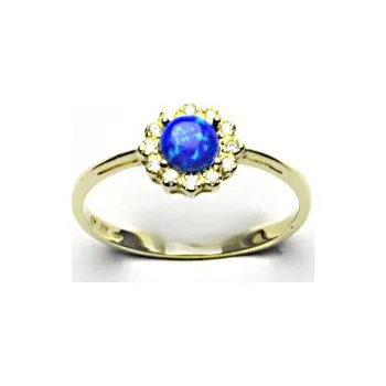 Prsten Zlatý prsten, žluté zlato, tmavě modrý syntetický opál, čiré zirkony, T 1495