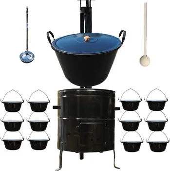 Kempingové nádobí Smaltovaný kotel 70 L s kovovou kotlinou 56 cm a se servírovacími kotlíky (12 ks) BIG PARTY