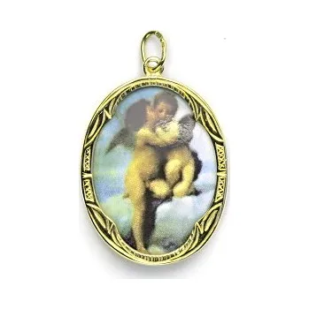 Přívěsek Zlatý přívěsek, porcelánový medailon Andělíčci, žluté i bílé zlato - P 158 M-15 (Zlatý medailon andělé)