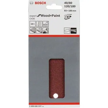 Brusný papír 10x Brusný papír do vibrační brusky Bosch C430, 93x186mm, zr.60/120/180, 8 otvorů (2608605310)