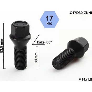 Šroubek na kolo Kolový šroub M14x1,5x30 kužel, klíč 17, černé, C17D30-BLACK, výška 53,5