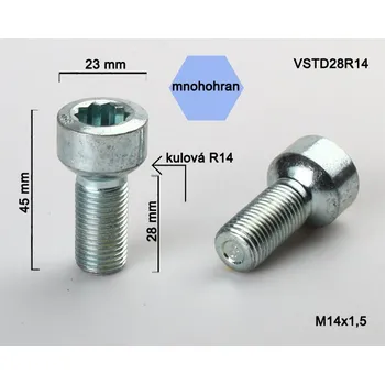Šroubek na kolo Kolový šroub M14x1,5x28 koule R14 s vnitřním mnohohranem, VSTD28R14 průměr 23, výška 45