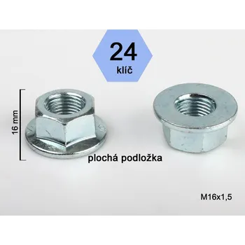 Matice na kolo Kolová matice M16x1,5 plochá dosedací plocha, otevřená, klíč 24, výška 16 mm