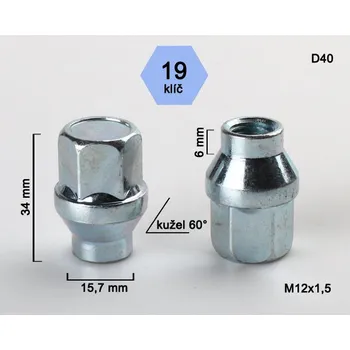 Matice na kolo Kolová matice M12x1,5 kužel s krčkem 15,7 zavřená, klíč 19, D40 výška 34, délka krčku 6