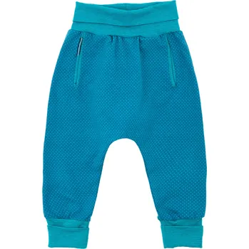 Dětská móda petrolejové puntíkaté tepláčky s nízkým sedem