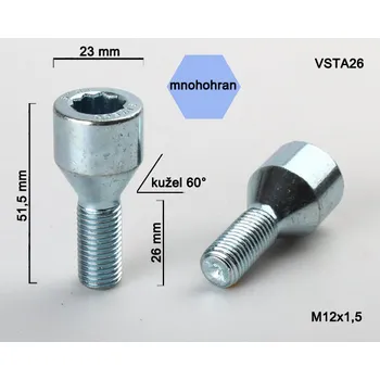 Šroubek na kolo Kolový šroub M12x1,5x26 kužel s vnitřním mnohohranem, VSTA26, průměr hlavy 23 mm, výška 51,5