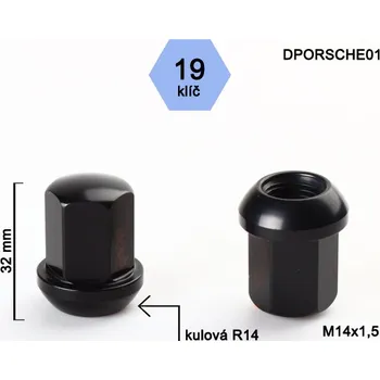 Matice na kolo Kolová matice M14x1,5 koule R14 uzavřená, klíč 19, DPORSCHE01, odlehčená, černá, výška 32 mm