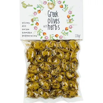 oliva Zelené řecké olivy ochucené koprem, cibulkou, rajčaty a mátou 220g MY OLIVE