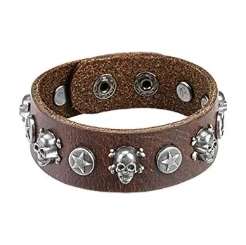 Náramek Šperky4U Kožený náramek s lebkami a hvězdami - NR1238-BR