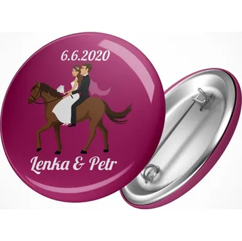 Svatební dekorace Svatební placka novomanželé na koni - průměr 25 mm