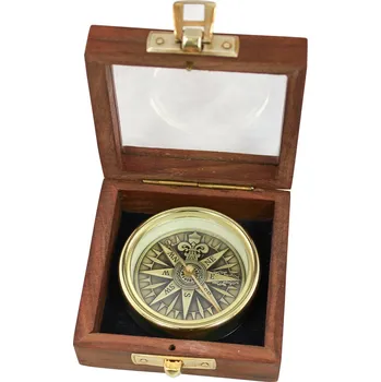 SEA CLUB Kompas mosazný antik 3D s větrnou ružicí v dřevěné krabičce 9382B