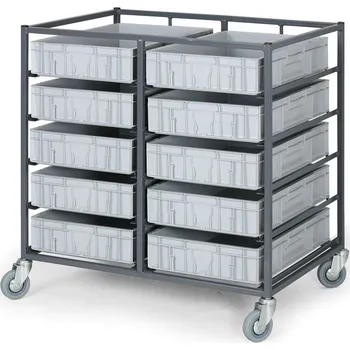 Úložný box Vozík na přepravky 600x400 mm, dvouřadý, 10 polic, nosnost 200kg