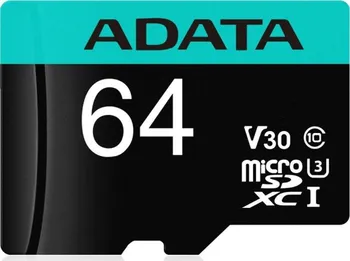 Paměťová karta ADATA microSDXC 64 GB Class 10 UHS-I U3 V30S + SD adaptér (AUSDX64GUI3V30SA2-RA1)