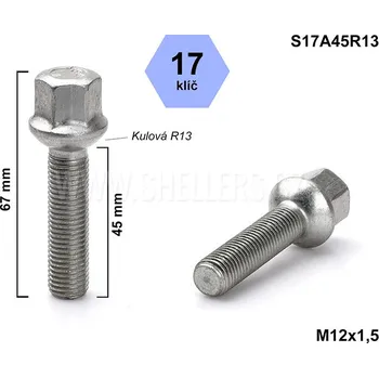 Šroubek na kolo Kolový šroub M12x1,5x45 kulový R13, Audi, Seat, Škoda, VW, klíč 17, S17A45R13, výška 67 mm