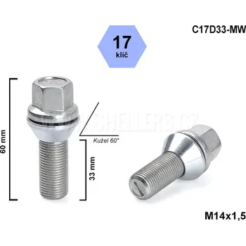 Šroubek na kolo Kolový šroub M14x1,5x33 kužel pohyblivý, klíč 17, C17D33-MW, výška 60 mm