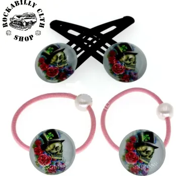 Sada sponek / gumiček do vlasů lebky Rockabilly Baron Skull