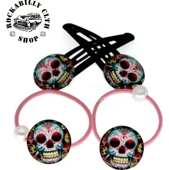 Sada sponek / gumiček do vlasů lebky Rockabilly Sugar Skull