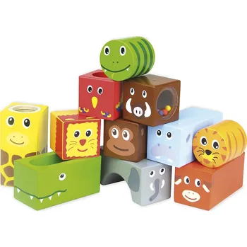 Dřevěná hračka Senzorické kostky chrastící - safari