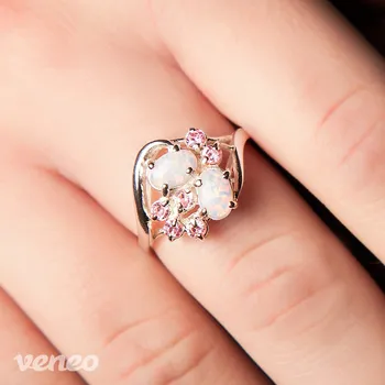 Prsten Penelope - prsten s australskými opály a růžovými zirkony, Materiál: Stříbro, ryzost 925/1000