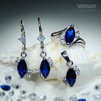 Souprava šperků Tanečnice – souprava šperků se safíry a čirými zirkony, Materiál: Bílé zlato, ryzost 585/1000