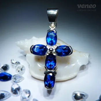 Přívěsek Kříž 3020 - přívěsek se safíry , Materiál: Bílé zlato, ryzost 585/1000