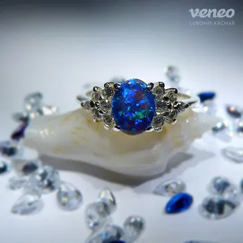 Prsten Princezna - prsten s tmavěmodrým opálem a čirými zirkony, Materiál: Stříbro, ryzost 925/1000