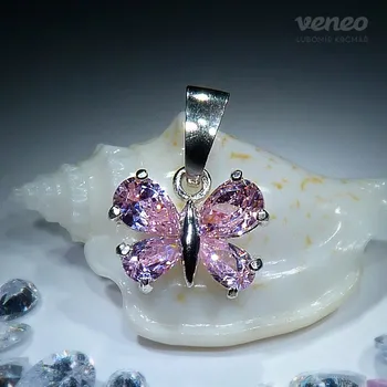 Přívěsek Motýlek – přívěsek s růžovými zirkony, Materiál: Bílé zlato, ryzost 585/1000