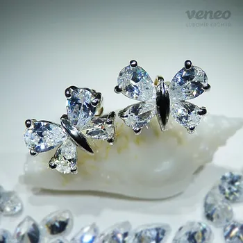 Náušnice Motýlek – náušnice s čirými zirkony , Materiál: Bílé zlato, ryzost 585/1000