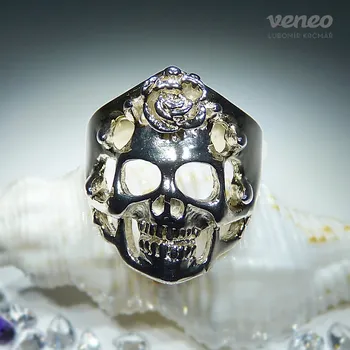 Prsten Prsten lebka s růží P156, Materiál: Růžové zlato, ryzost 585/1000