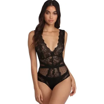 Dámské erotické prádlo VšeNaSex.cz Dámské sexy body Black Scalloped Deep V Neck Lace Bodysuit Velikost: L (44-46)