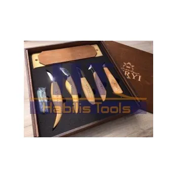 Kuchyňský nůž SADA řezbářských nožů STRYI profi - 5 ks + deska s pastou (dřevěná krabice)