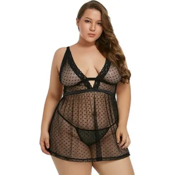 Dámská erotická košilka VšeNaSex.cz Dámská košilka s kalhotkami Black Plus Size Dot Mesh Lace Babydoll Velikost: XL (46-48)
