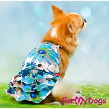 Obleček pro psa FOR MY DOGS Obleček pro fenky – šaty FLOWERS BLUE Velikost: 16/L