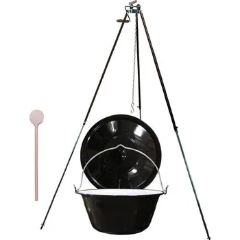 Kempingové nádobí Smaltovaný kotlík 16 L (1,2 mm) + teleskopická trojnožka s pojistnou kladkou + smaltovaná poklice