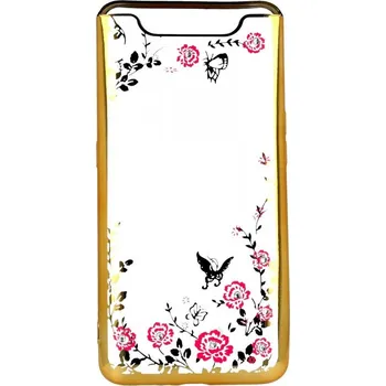 Pouzdro na mobilní telefon Kryt Samsung A80 silikon zlatý s zlatými květy (obal neboli pouzdro na Samsung A80)