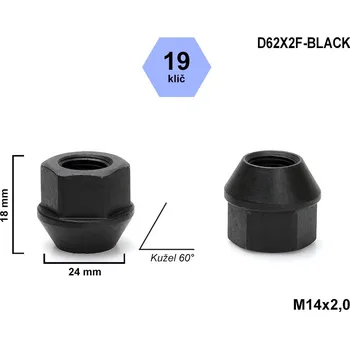 Matice na kolo Kolová matice M14x2,0 kužel otevřená, klíč 19, D62X2F-BLACK černá, výška 18mm