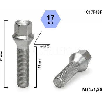 Šroubek na kolo Kolový šroub M14x1,25x48 kuželový, klíč 17, C17F48F, výška 73 mm