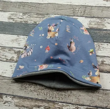 Kojenecká čepice Yháček Šmoulí čepička Yháček, oboustranná, boho les modrý Velikost:: XS