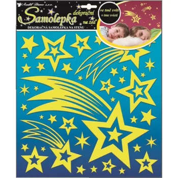 Samolepící dekorace Samolepky na zeď kometa a hvězdičky s glitry svítící ve tmě 31x31cm