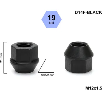 Matice na kolo Kolová matice M12x1,5 kuželová otevřená, černá, klíč 19, D14F-BLACK výška 21 mm