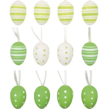 Velikonoční dekorace ANDĚL Vajíčka plastová zelená na zavěšení 4 cm, 12 ks v sáčku se 2 kytičkami