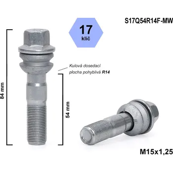 Šroubek na kolo Kolový šroub M15x1,25x54 kulový R14, pohyblivá plocha, klíč 17, S17Q54R14F-MW, výška 84 mm