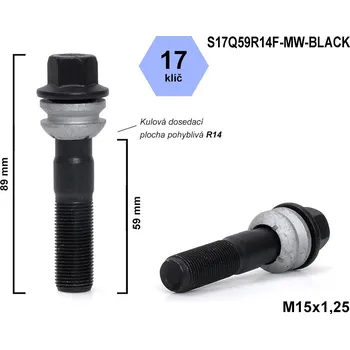 Šroubek na kolo Kolový šroub M15x1,25x59 kulový R14, pohyblivá plocha, klíč 17, S17Q59R14F-MW-BLACK, černý, výška 89 mm