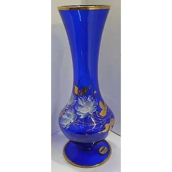 Váza Váza malovaná úzká skleněná modrá bilý květ zlacena STO 7